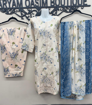 Ivory blue chicken kari embroidered lawn 3 piece Pakistani suit with Farshi shalwar
