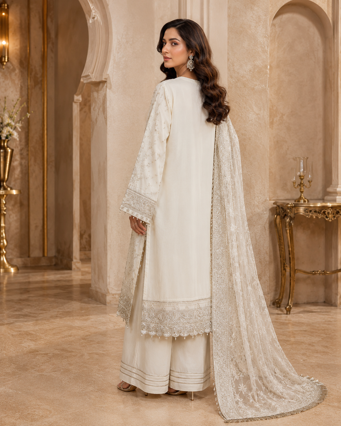 Ivory embroidered Pakistani shirt with gold detailing and sleeves