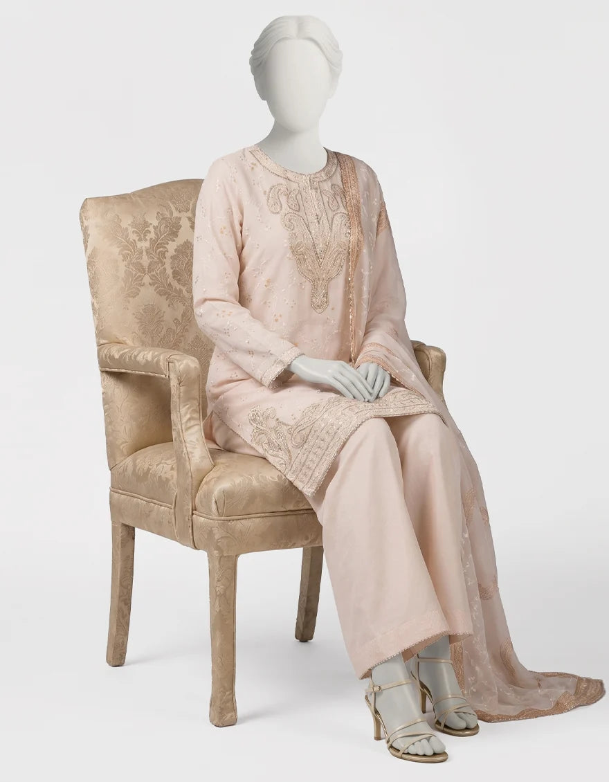 J. Peach Raw Silk Heavy Embroidered 3 Piece Stitched Suit