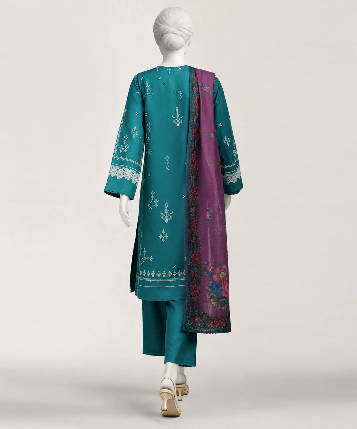 J. Teal Green Lawn Paste Printed 3-Piece Stitched Suit