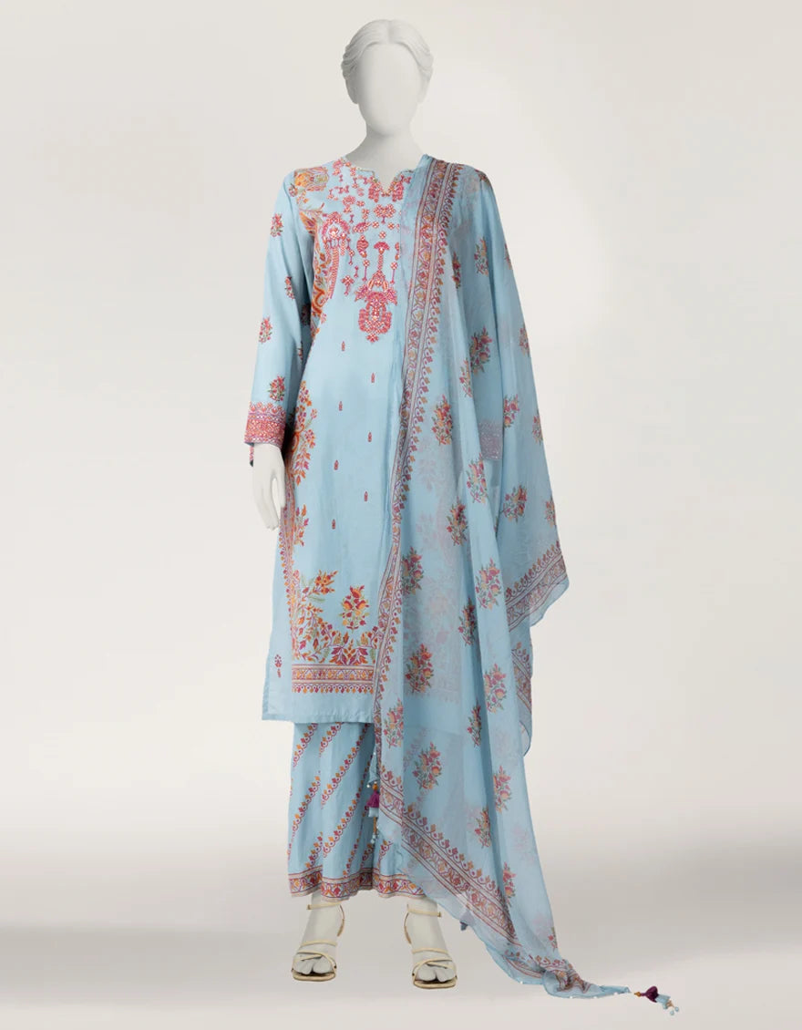 J. Blue Viscose Embroidered 3 Piece Stitched Suit