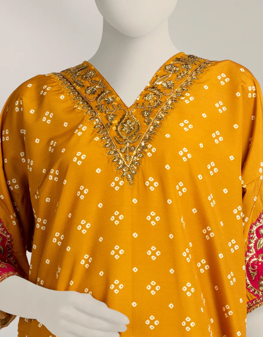 J. Yellow Raw Silk Embroidered 2 Piece Stitched Suit | Kaftan Shirt & Shalwar
