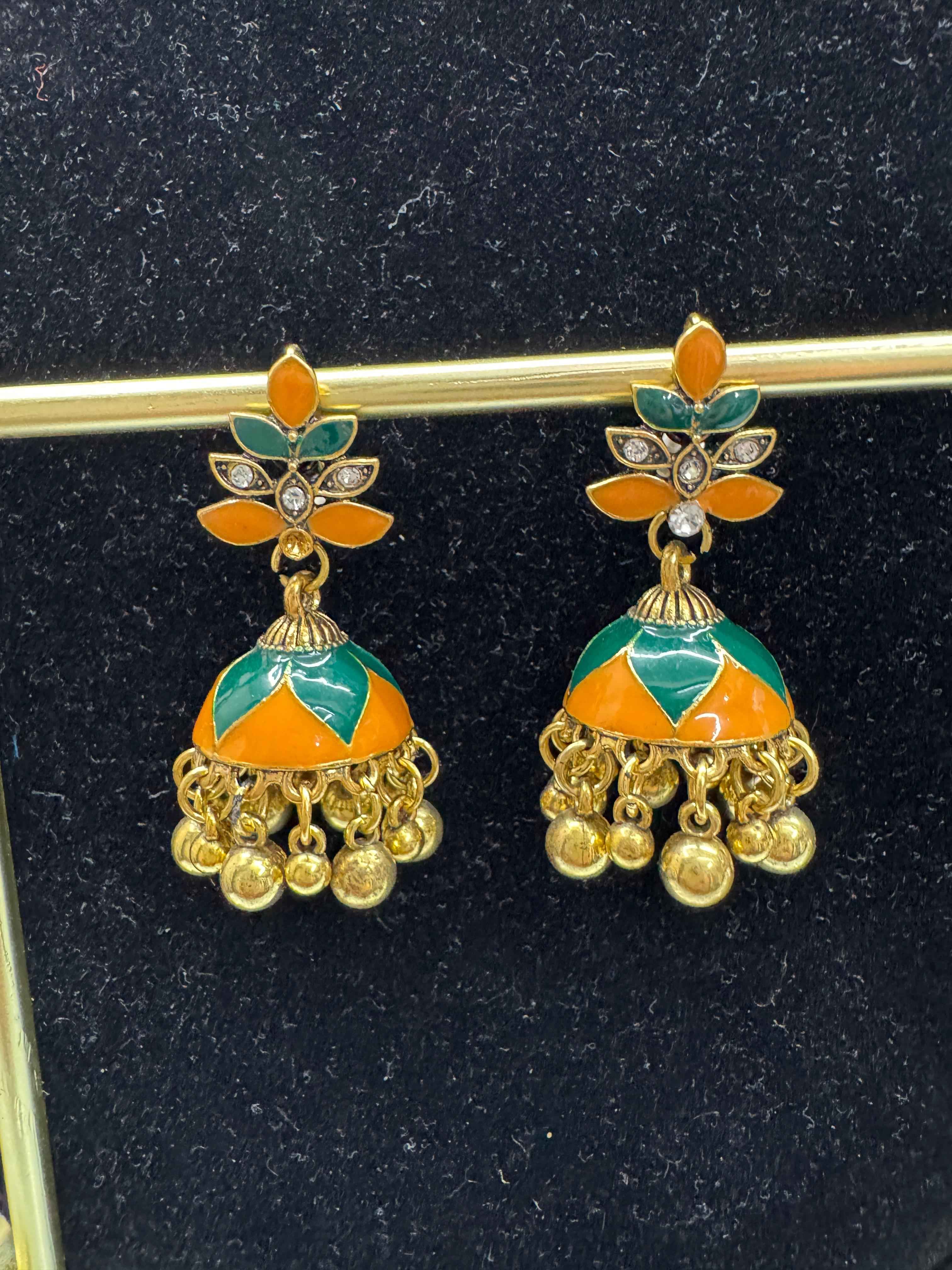 Orange & Green Traditional Jhumki Earrings for Women