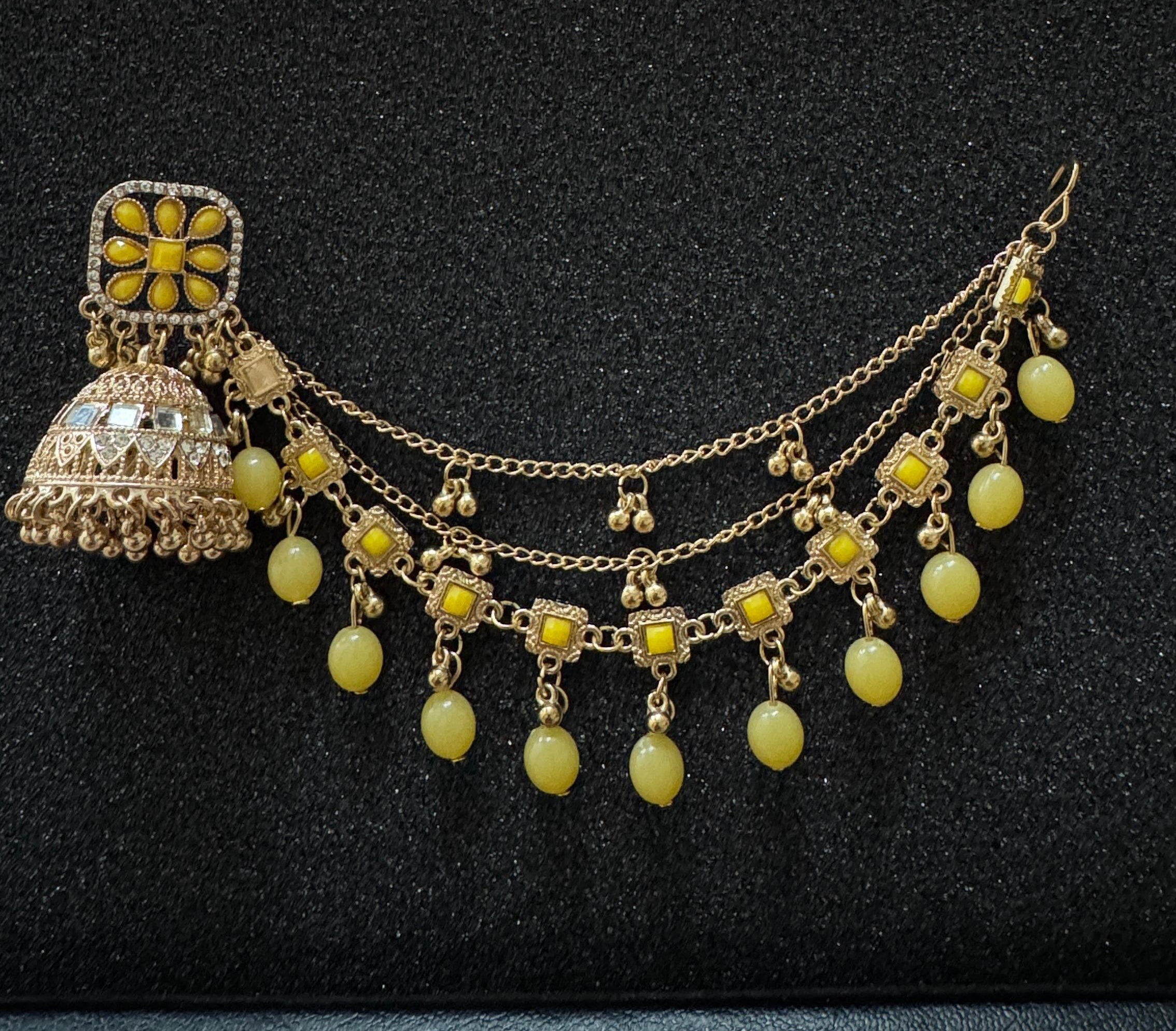Yellow mirror oxidized jhumka earrings with Sahara chain, floral stud design and yellow bead drops, traditional ethnic jewelry for women in Canada