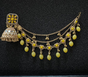 Yellow mirror oxidized jhumka earrings with Sahara chain, floral stud design and yellow bead drops, traditional ethnic jewelry for women in Canada