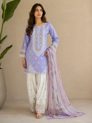 Light purple embroidered cotton 3 piece Pakistani suit with embroidered shalwar and voile zari dupatta
