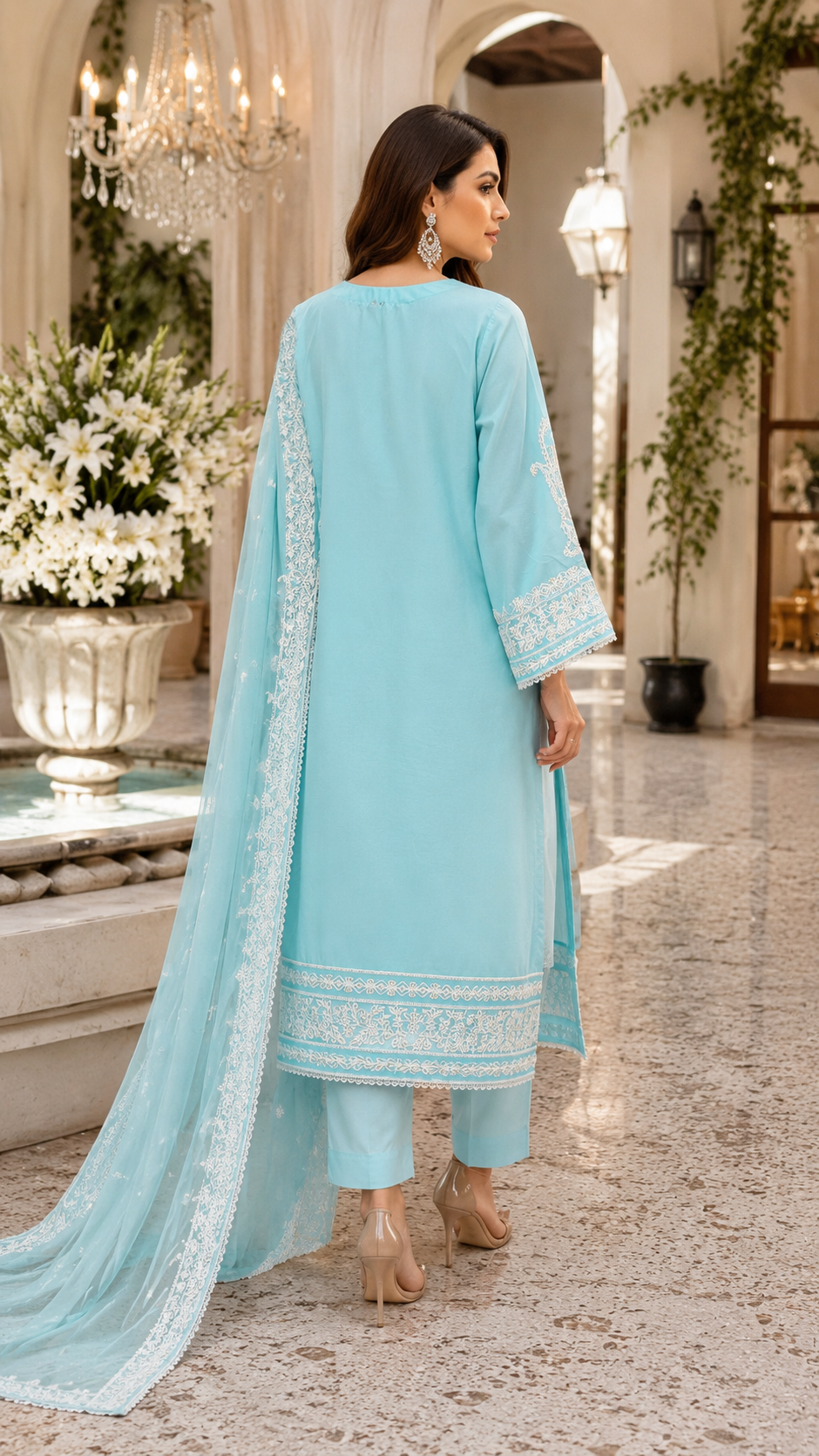 Light Aqua Chiffon Aari Embroidered 3-Piece Pakistani Suit