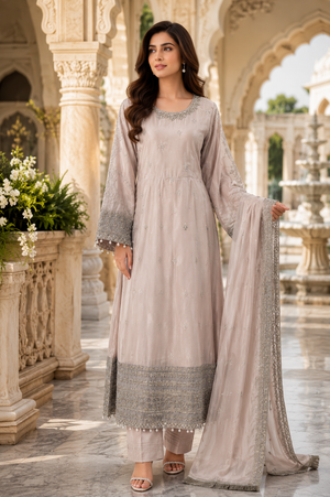 Luxury blush pink 3 piece embroidered maxi dress with matching trousers and embellished dupatta by Maryam Qasim Boutique, elegant Pakistani formal wear for weddings and festive occasions.
