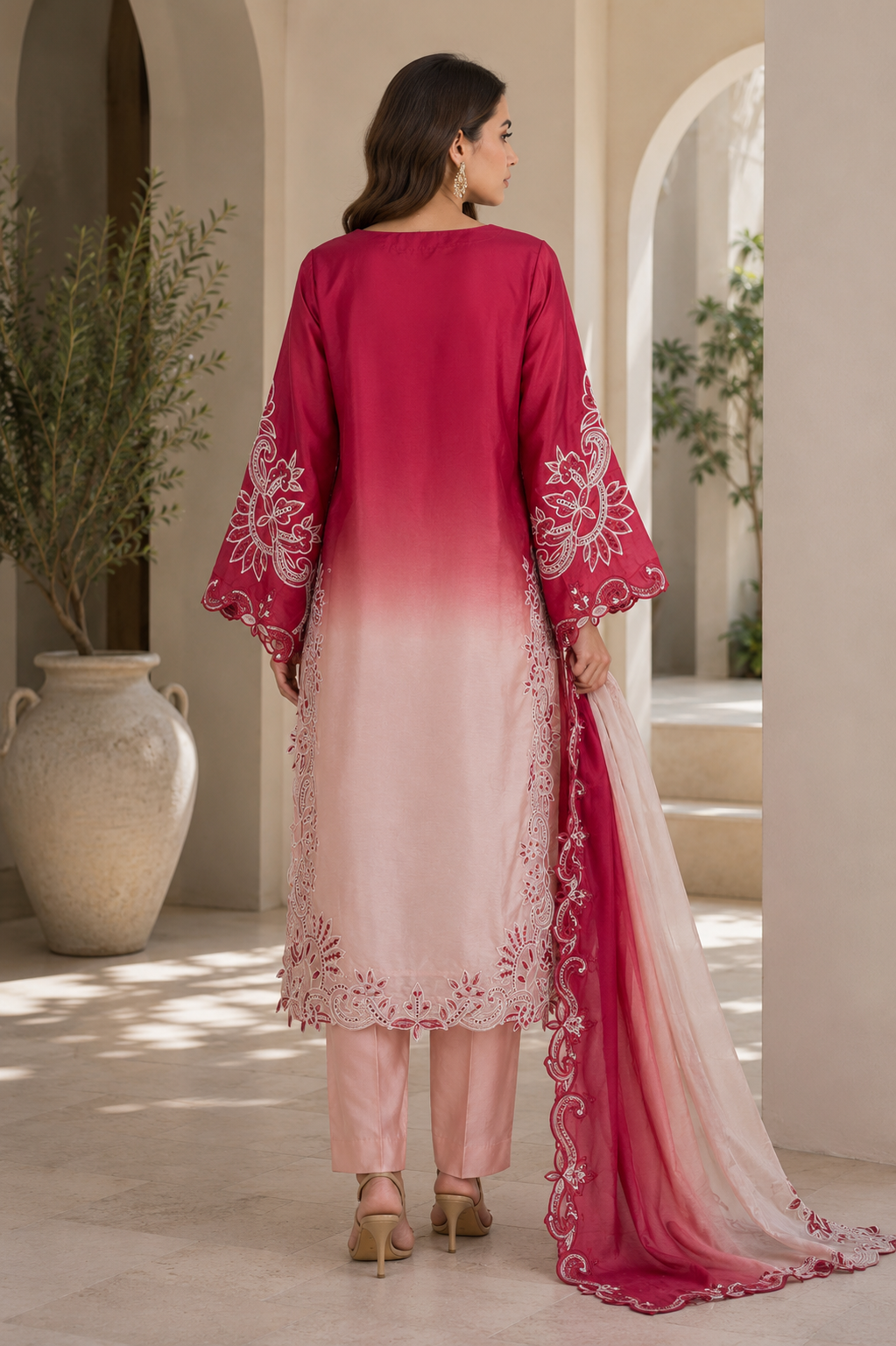 Maroon ombre embroidered Pakistani kameez with silk trousers and dupatta in Canada