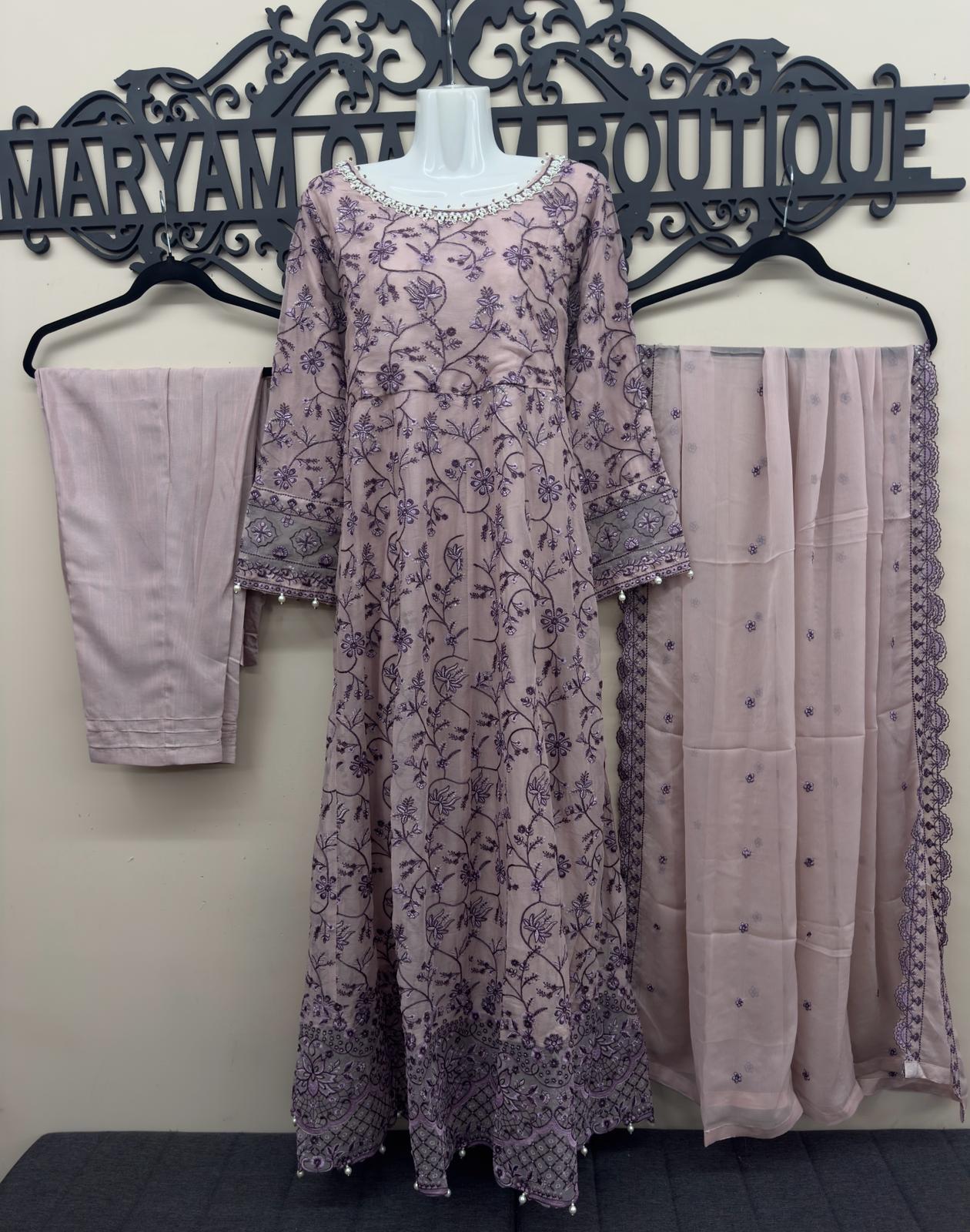 Pakistani lilac chiffon embroidered maxi dress with chiffon dupatta and trousers in canada