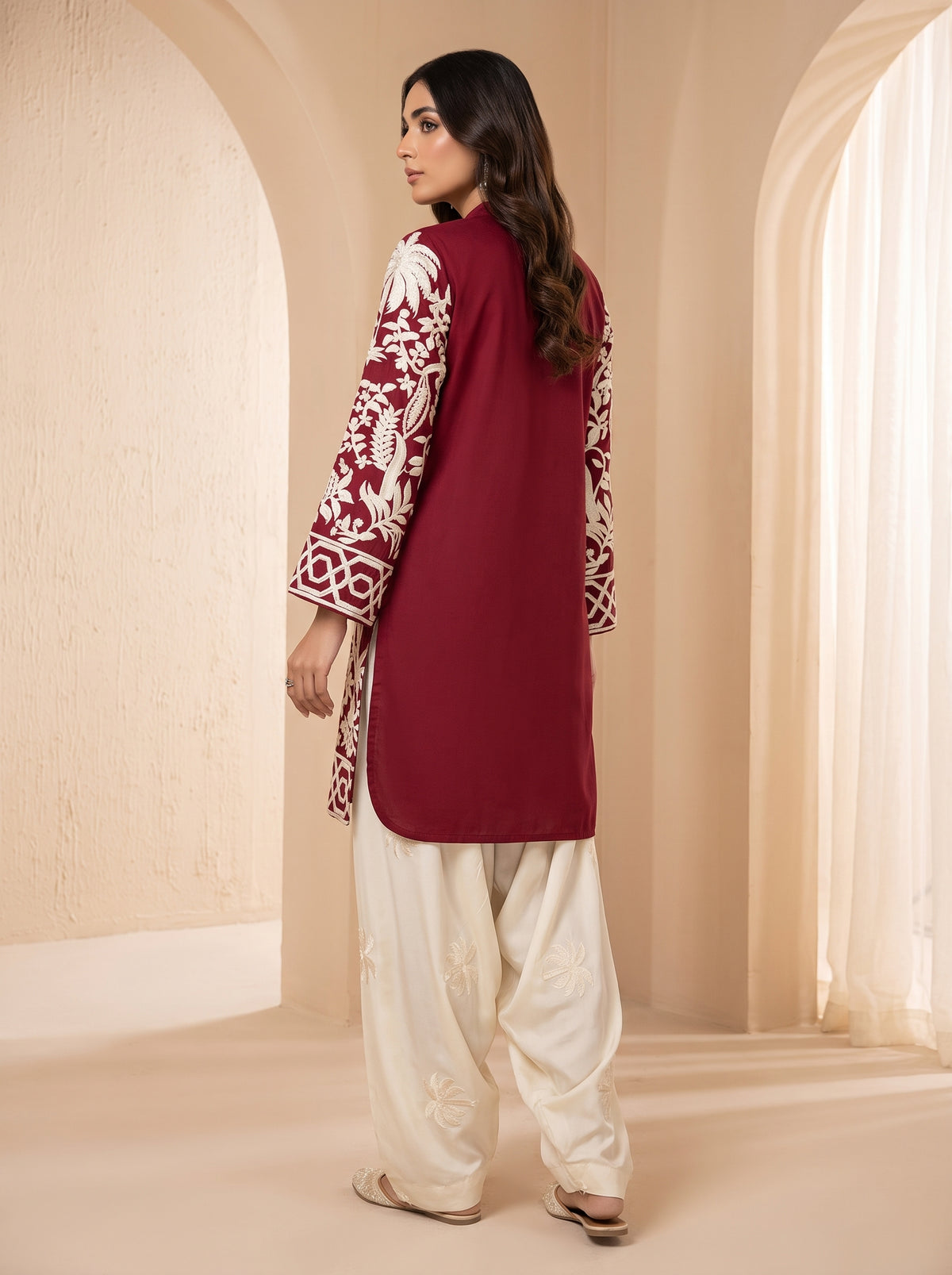 Maroon Embroidered Vescos 2-Piece Cord Set with Farshi Shalwar