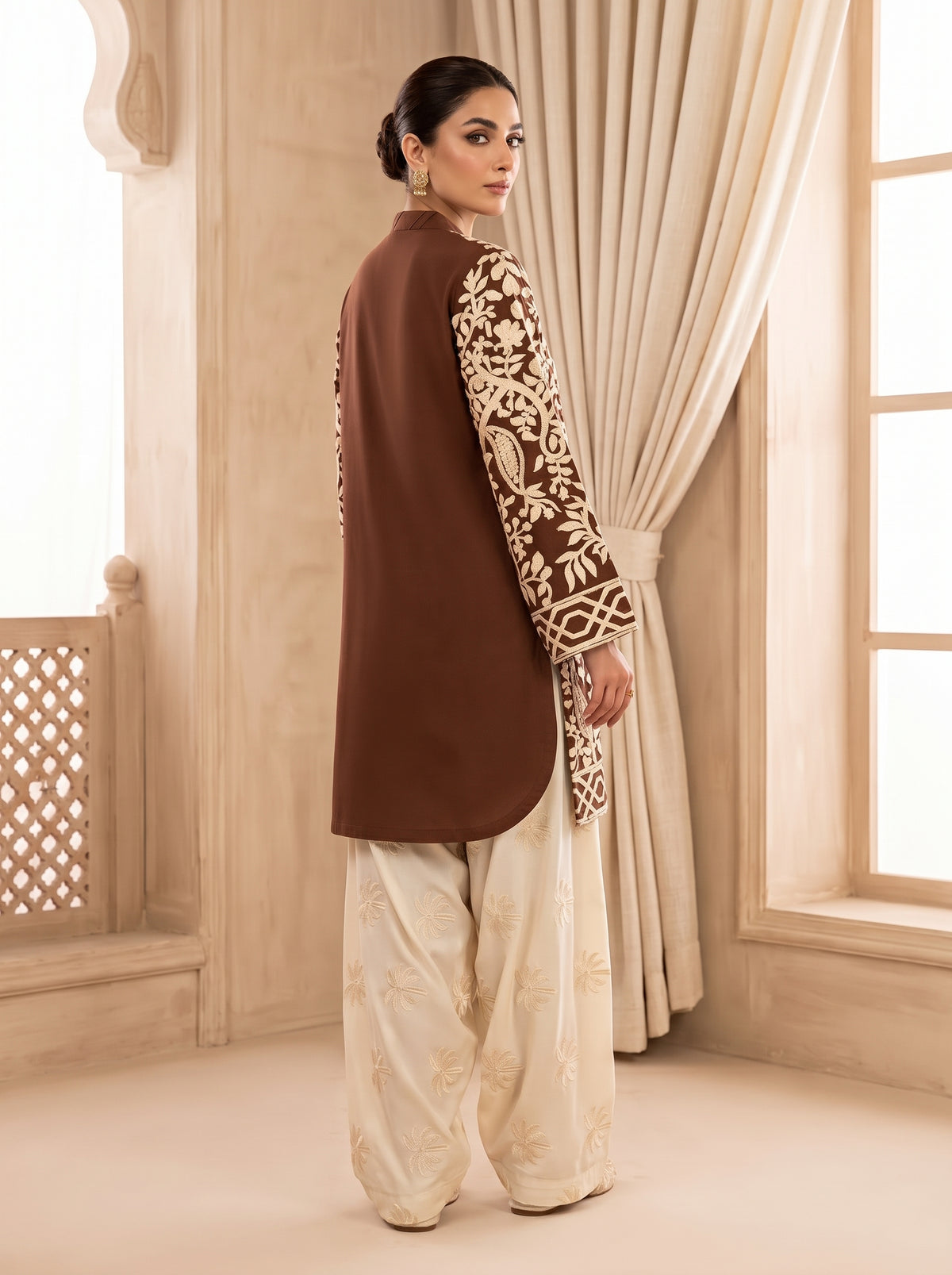 Brown Embroidered Vescos 2-Piece Cord Set with Farshi Shalwar