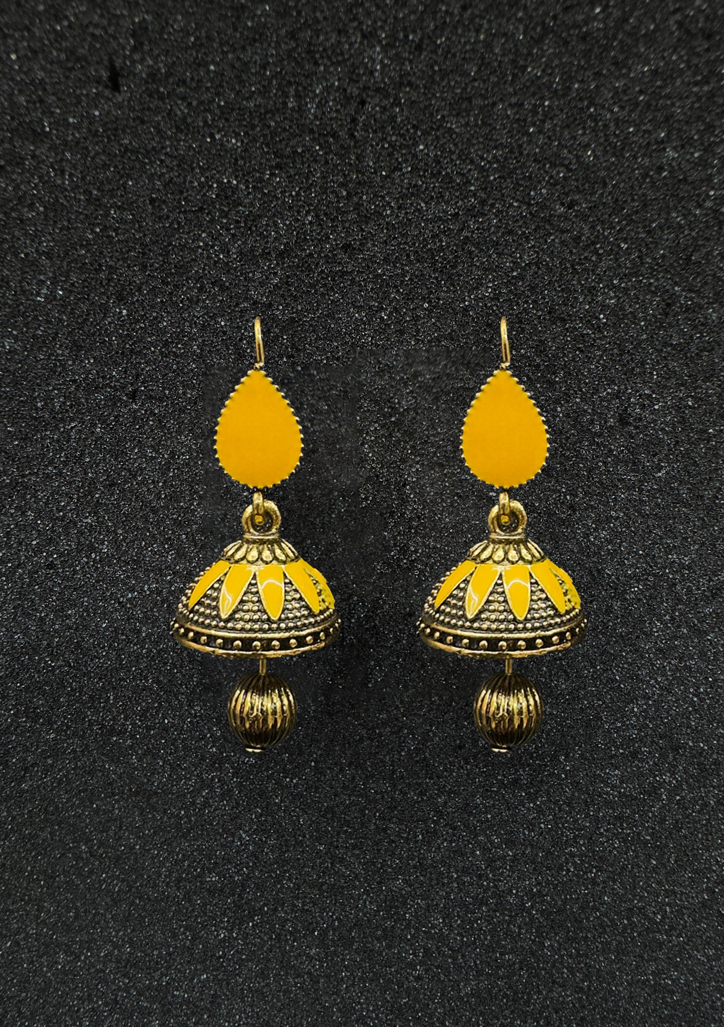 Gold-Tone Jhumka Earrings with Yellow Enamel Detailing