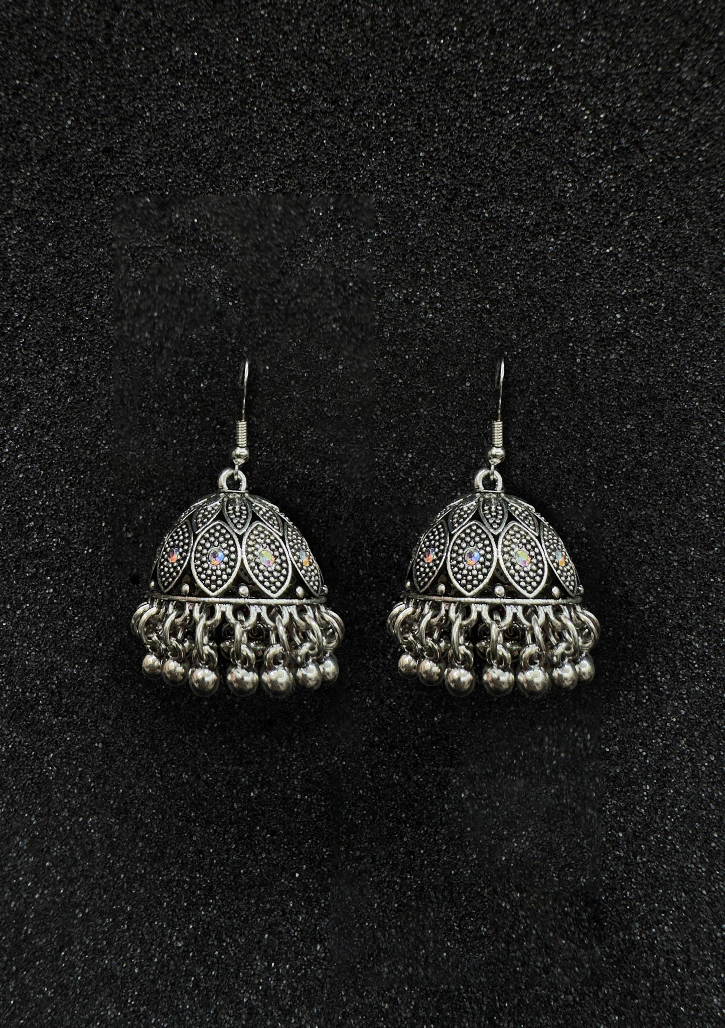Silver Jhumka Earrings with Multicolor Stone Accents