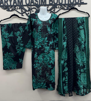 Navy blue and teal floral embroidered lawn 3 piece Pakistani suit with dupatta