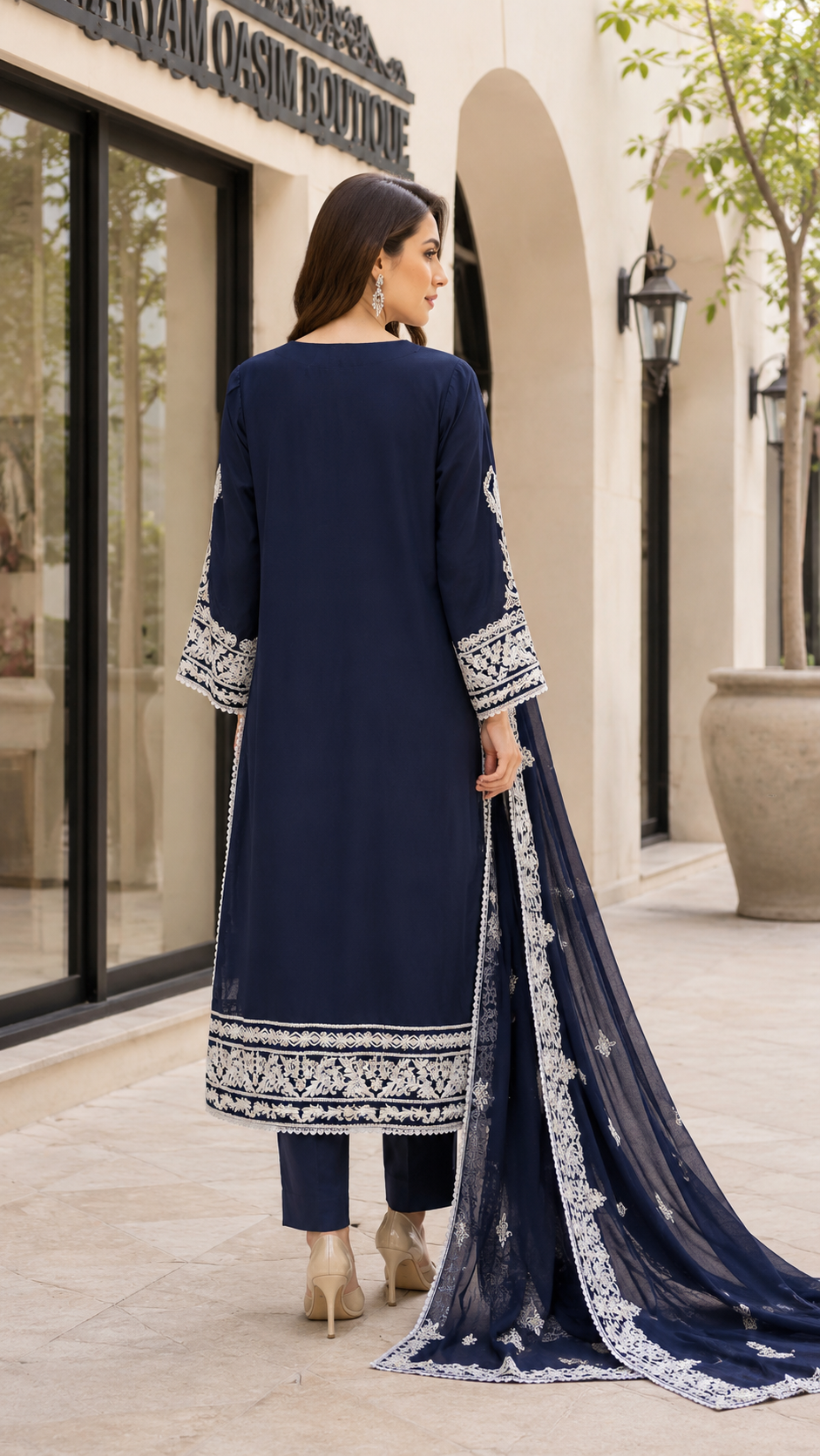 Navy Blue Chiffon Aari Embroidered 3-Piece Pakistani Suit