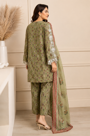 Olive green short shirt with white lace sleeves and embroidered straight trousers