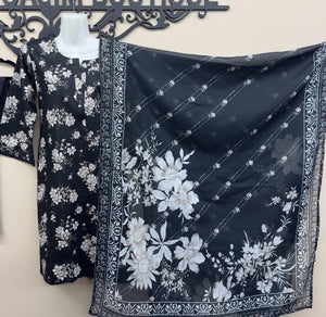 Original Tawakkal black lawn suit with printed shirt and dupatta in canada