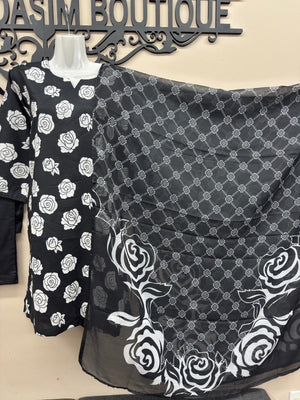 Black floral printed lawn suit for women by Maryam Qasim Boutique in canada