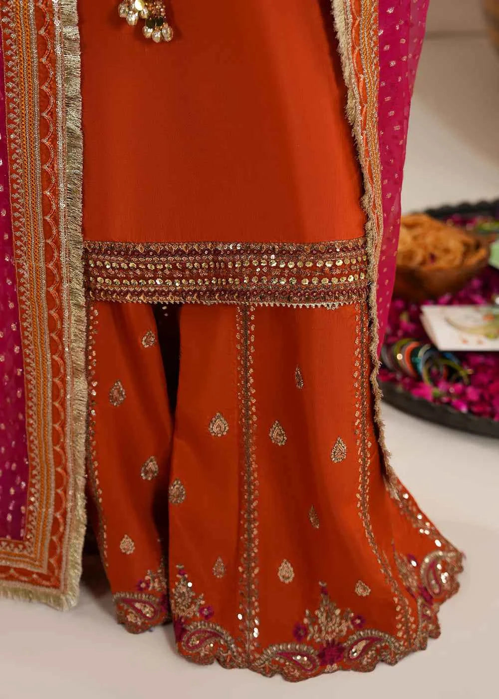 3 piece Rust Orange Raw Silk Sharara Suit β Zarqun Formal Wear Canada