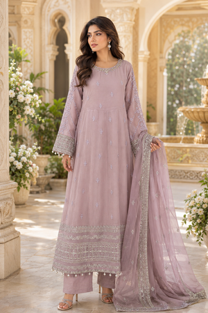 Luxury dusty rose 3 piece embroidered maxi dress with matching trousers and embellished dupatta by Maryam Qasim Boutique.