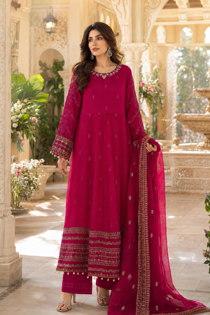 Luxury deep pink 3 piece embroidered maxi dress with matching trousers and embellished dupatta by Maryam Qasim Boutique, elegant Pakistani formal wear for weddings, Eid, parties, and festive occasions in Canada.