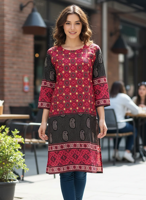Red lining kurti top for women with stylish casual design by Maryam Qasim Boutique