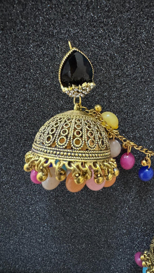 Oxidized Gold Afghan jhumka earrings with colorful beads and decorative sahara chain in Canada