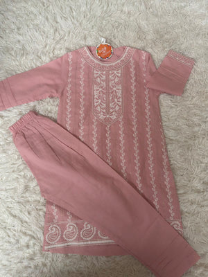 Pink embroidered cotton girls dress with matching pants for Eid and casual wear in Canada