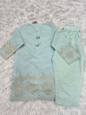 Premium sky blue embroidered lawn suit for baby girls by Baby Choice with matching trousers and elegant festive detailing in Canada