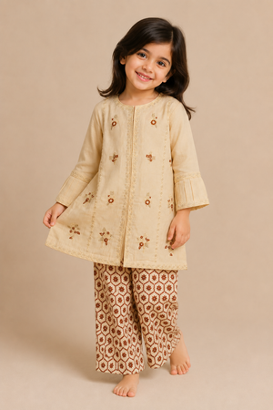 Baby Choice cream embroidered girls dobby lawn suit with brown printed palazzo in Canada.