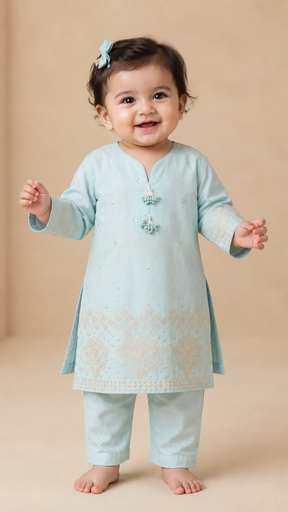 Sky blue fancy embroidered 2 piece traditional outfit for baby girls featuring embossed glitter lawn shirt and fine lawn pants in Canada