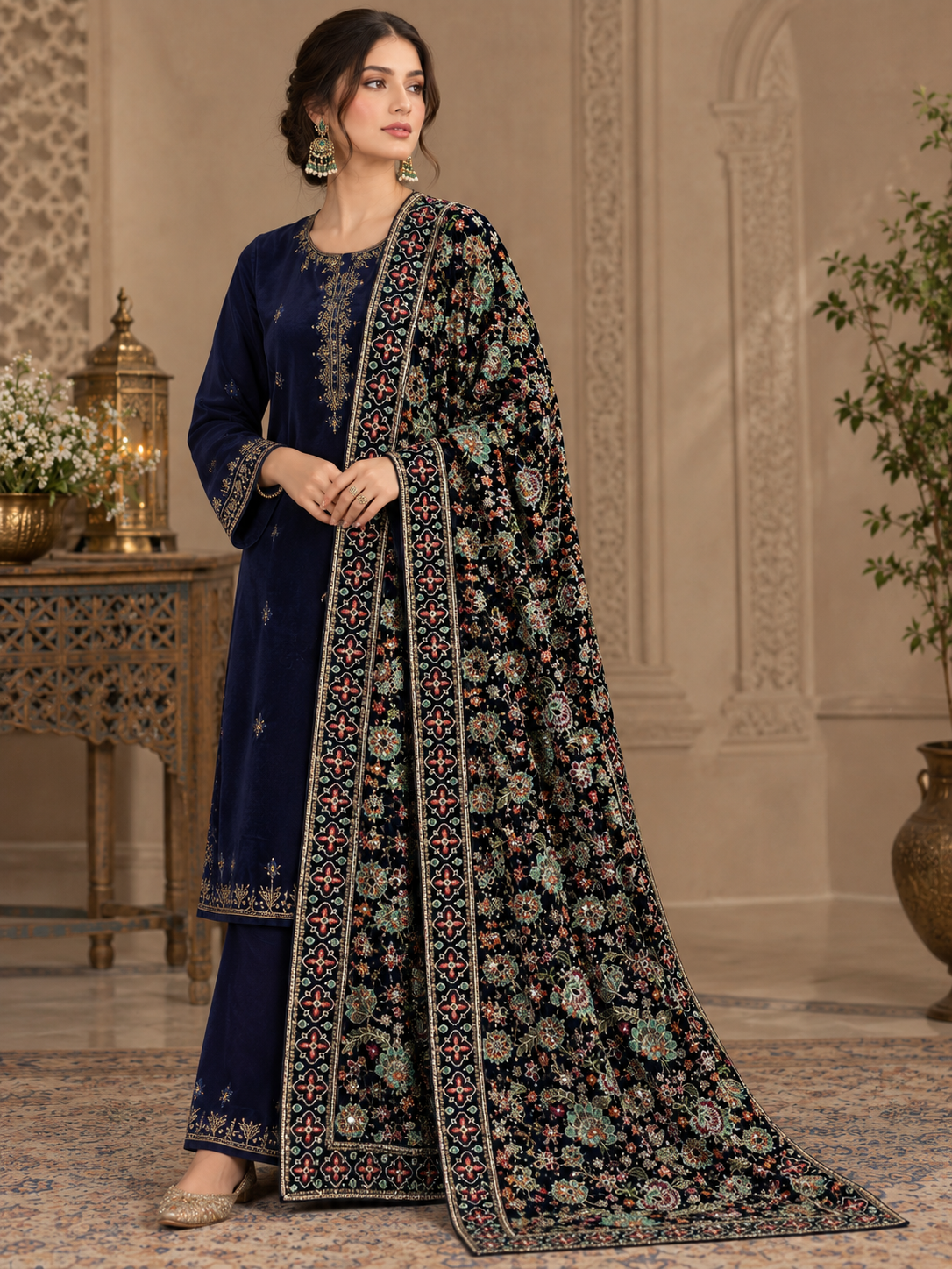 Jet Black Velvet Embroidered Shawl