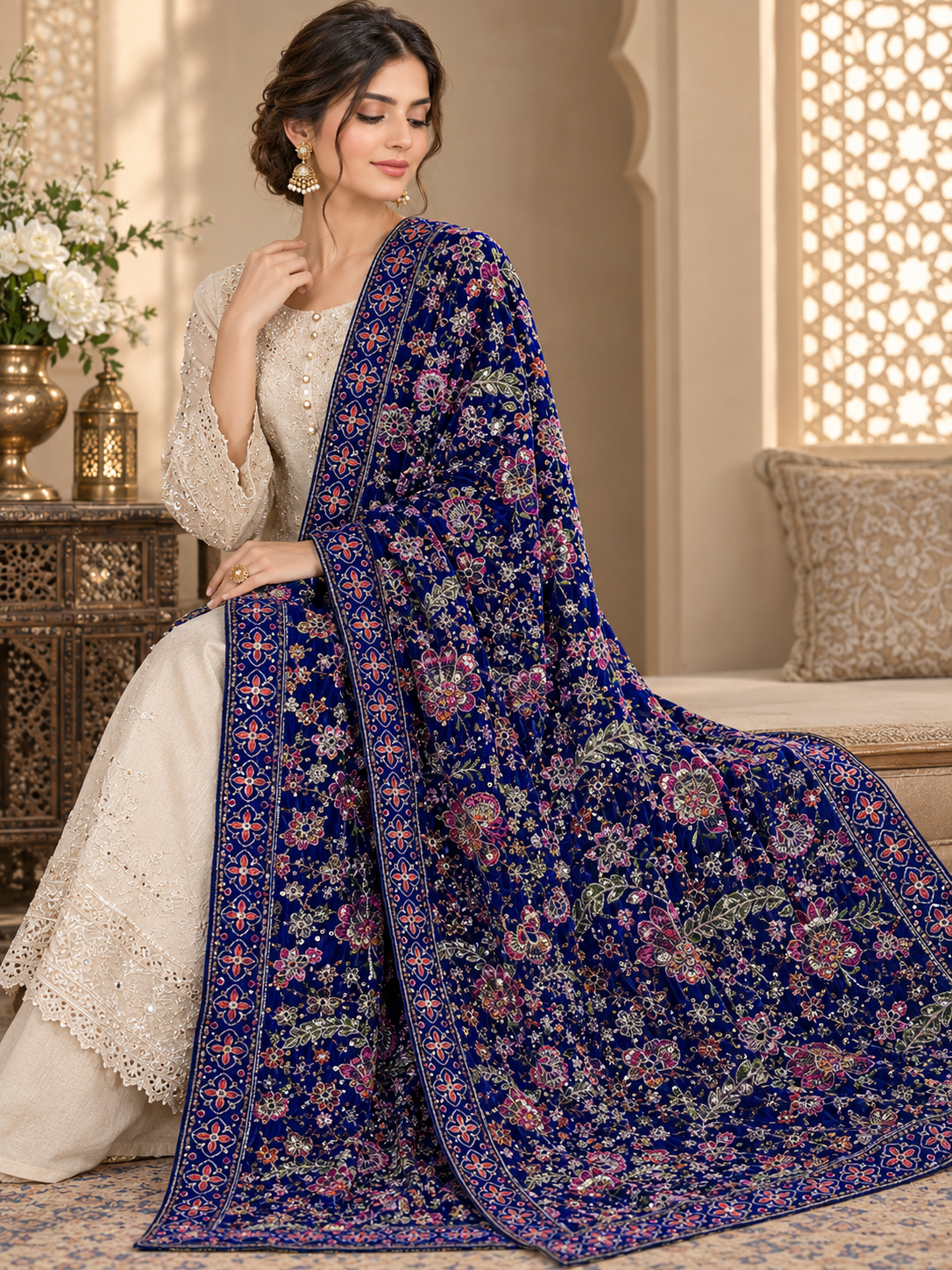 Royal Blue Velvet Embroidered Shawl