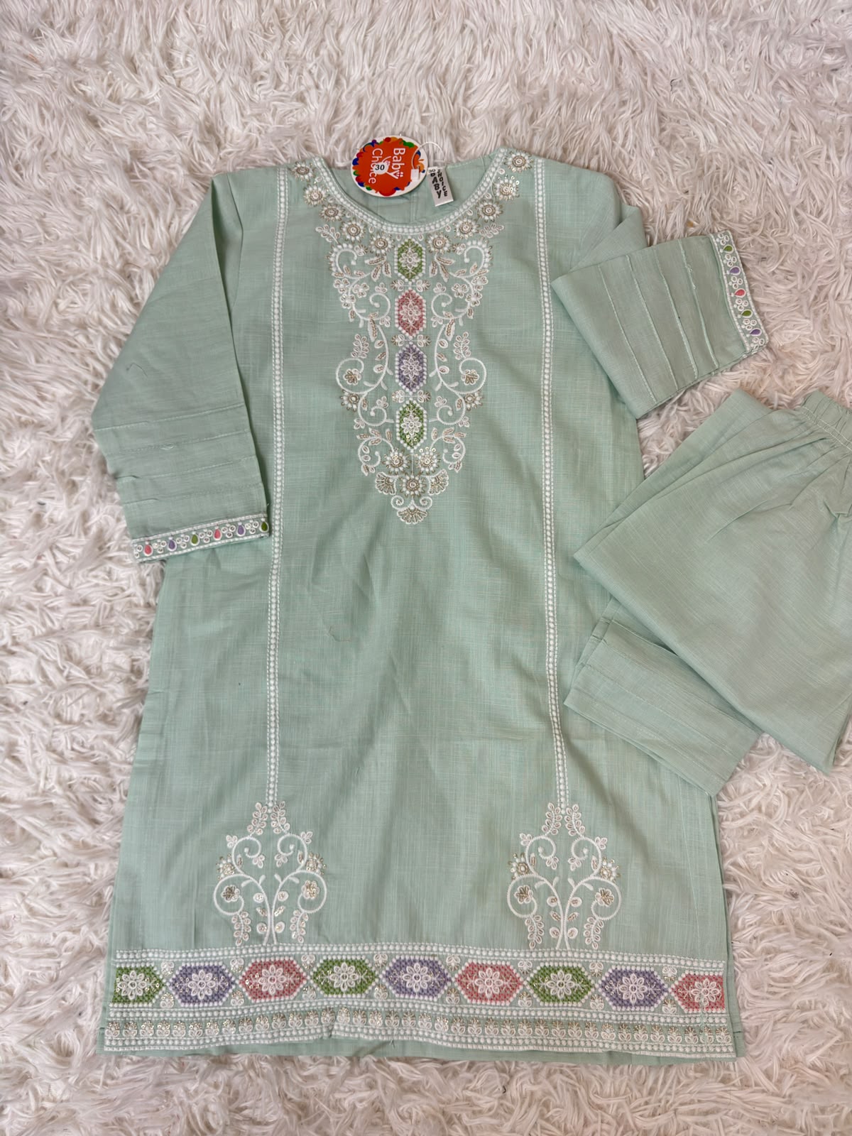 Sage green embroidered cotton kids outfit with matching trousers in Canada