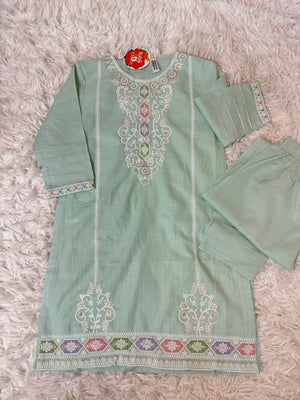 Sage green embroidered cotton kids outfit with matching trousers in Canada