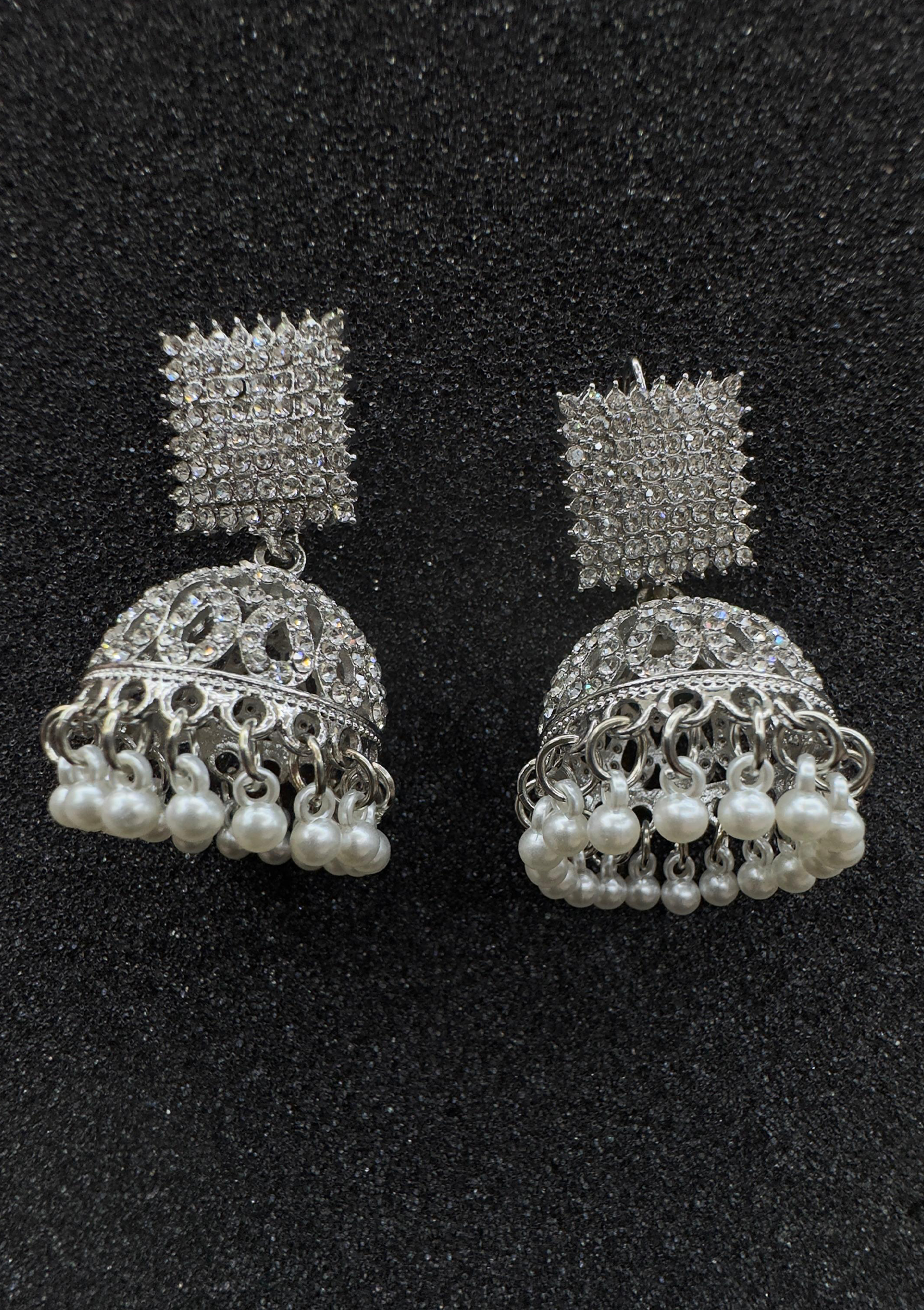 Silver Jhumka Earrings with Square Stone Stud and Pearl Drops