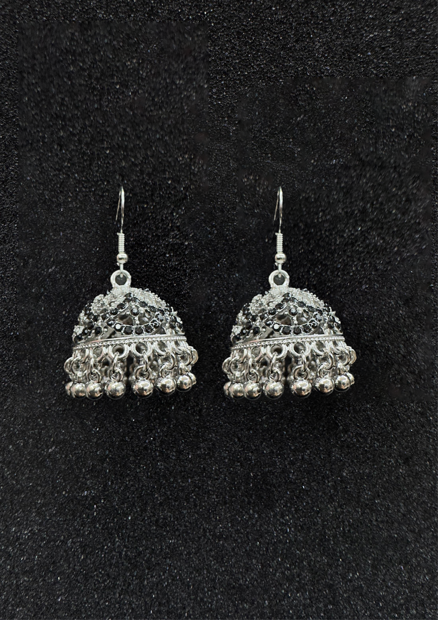 Silver Jhumka Earrings with Black Stone Detailing