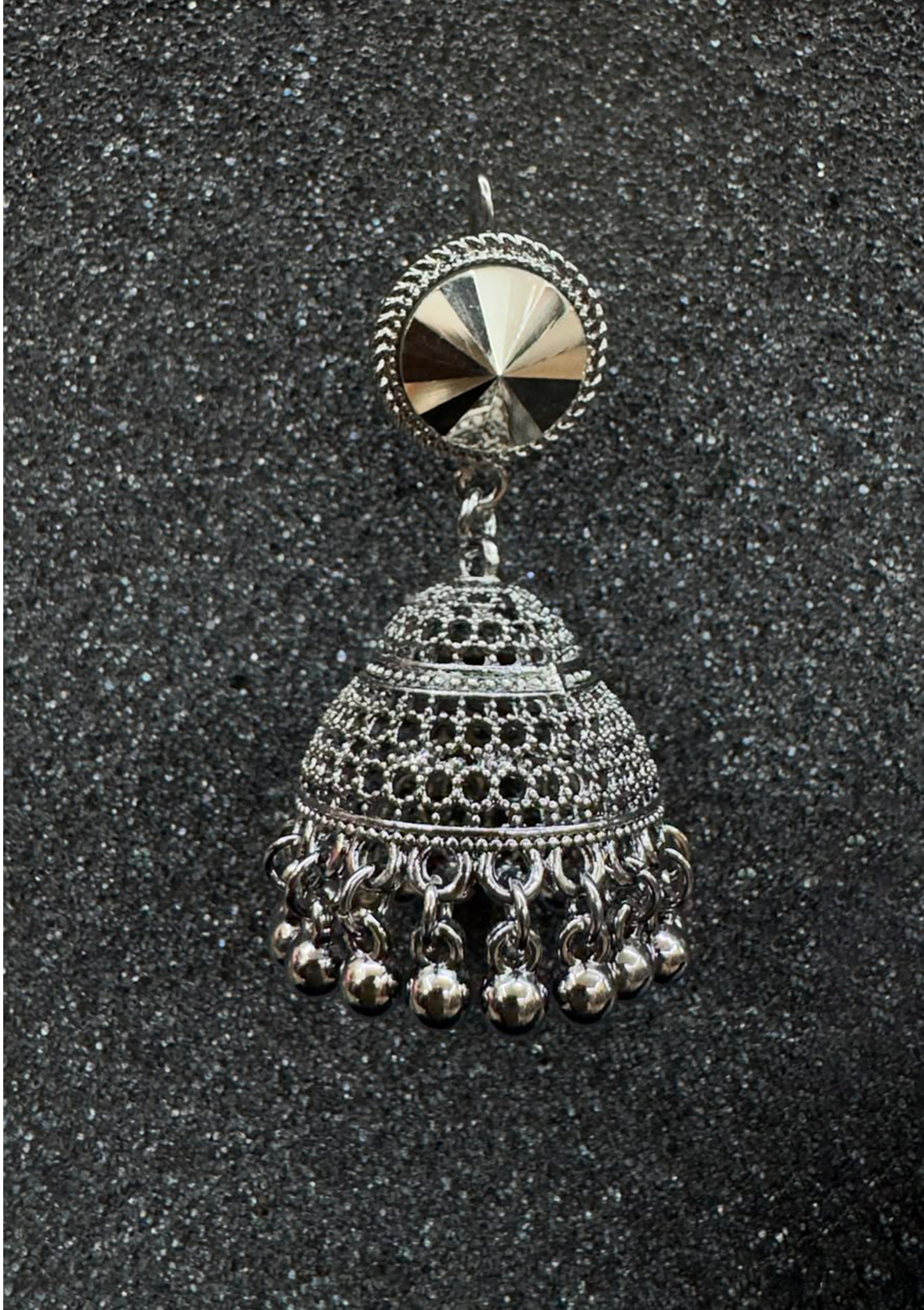 Silver Jhumka Earrings with Round Stone Stud and Ball Drops
