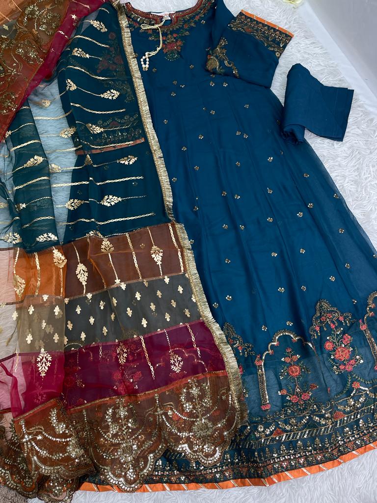 Chiffon Blue 3PC Maxi Dress Small