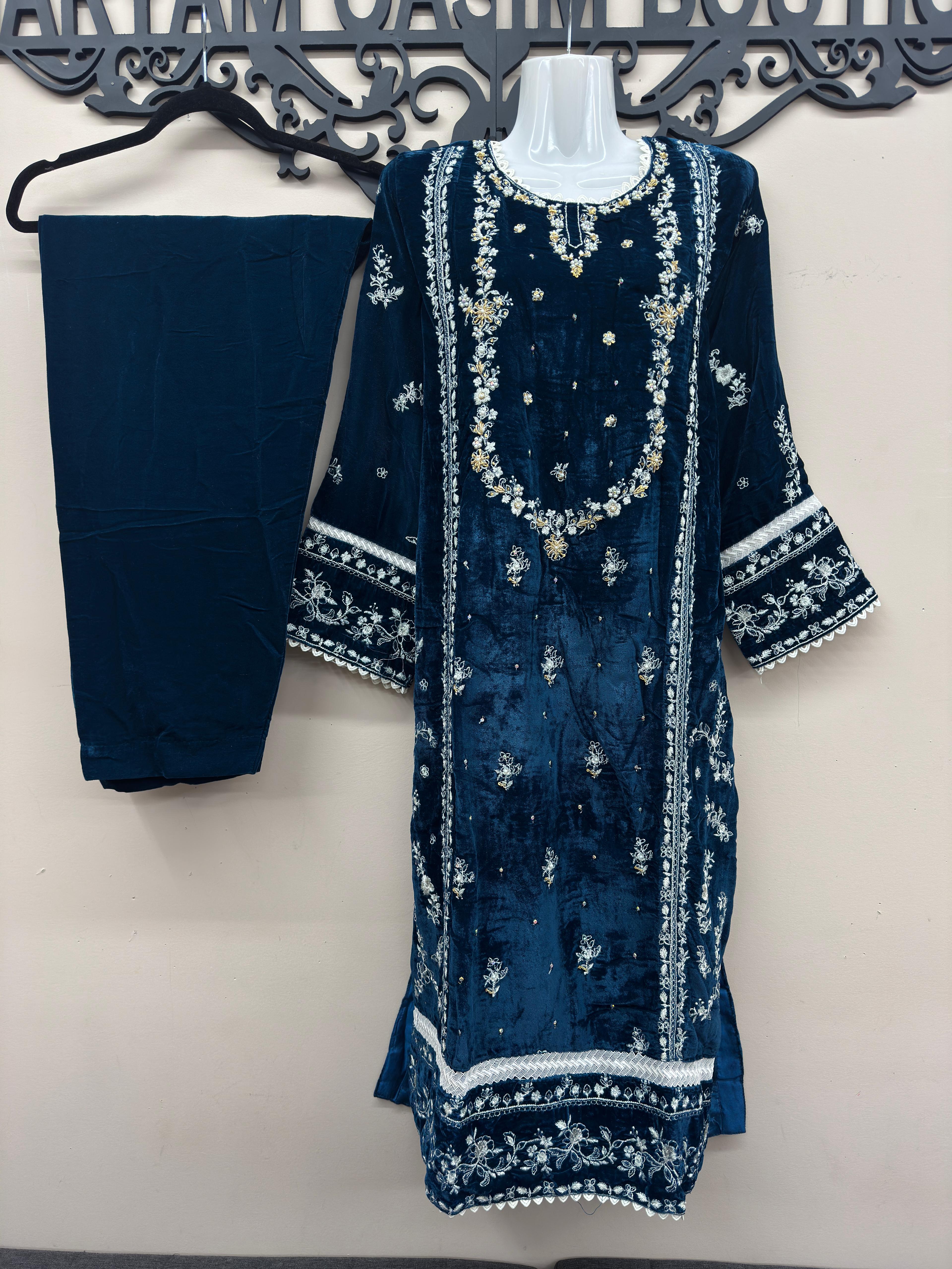 Navy Blue Micro Velvet 3-Piece Embroidered Formal Dress with Sheer Chiffon Dupatta