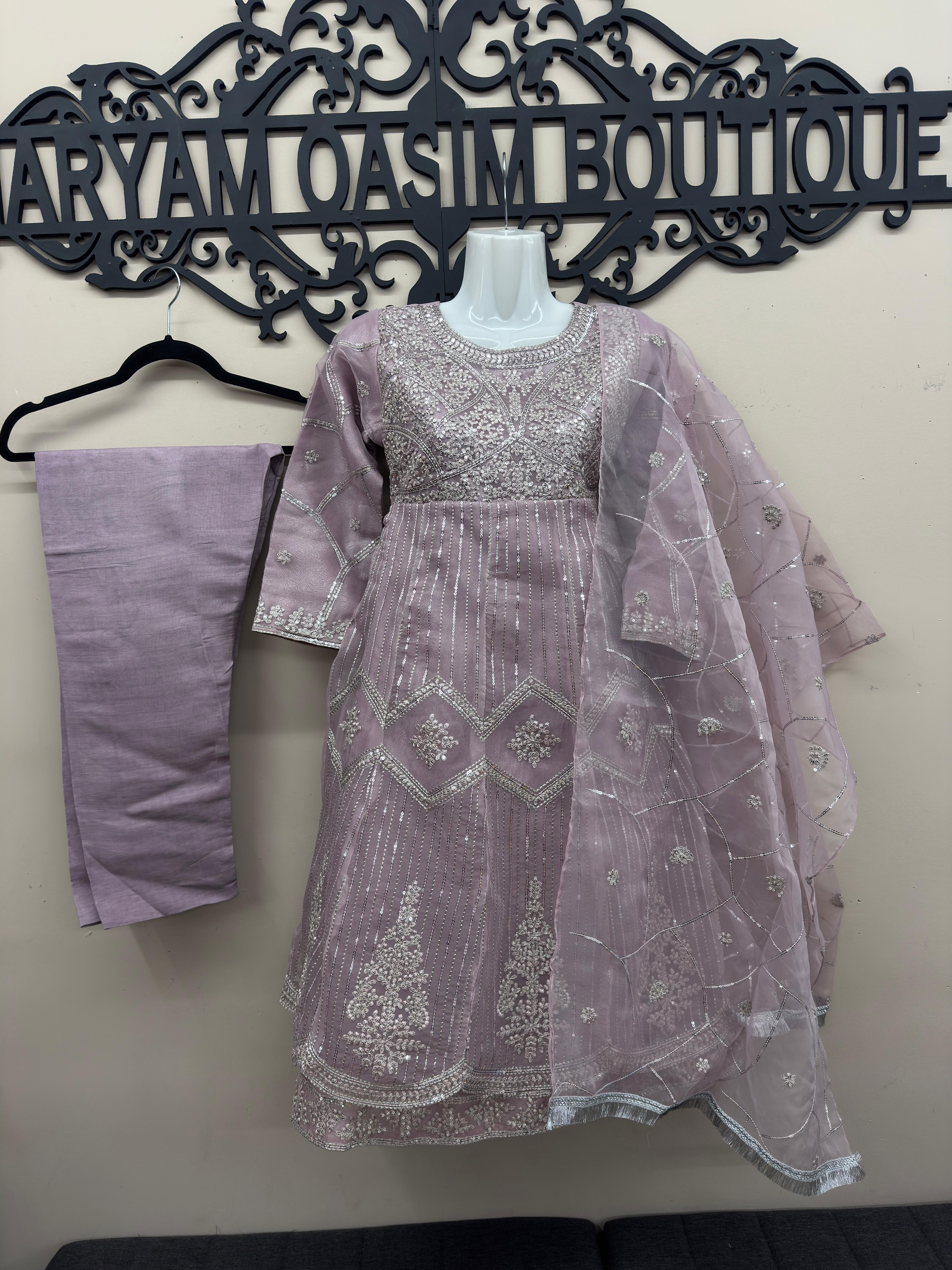 Girls Embroidered Organza Anarkali Pink Dress 3PC Set