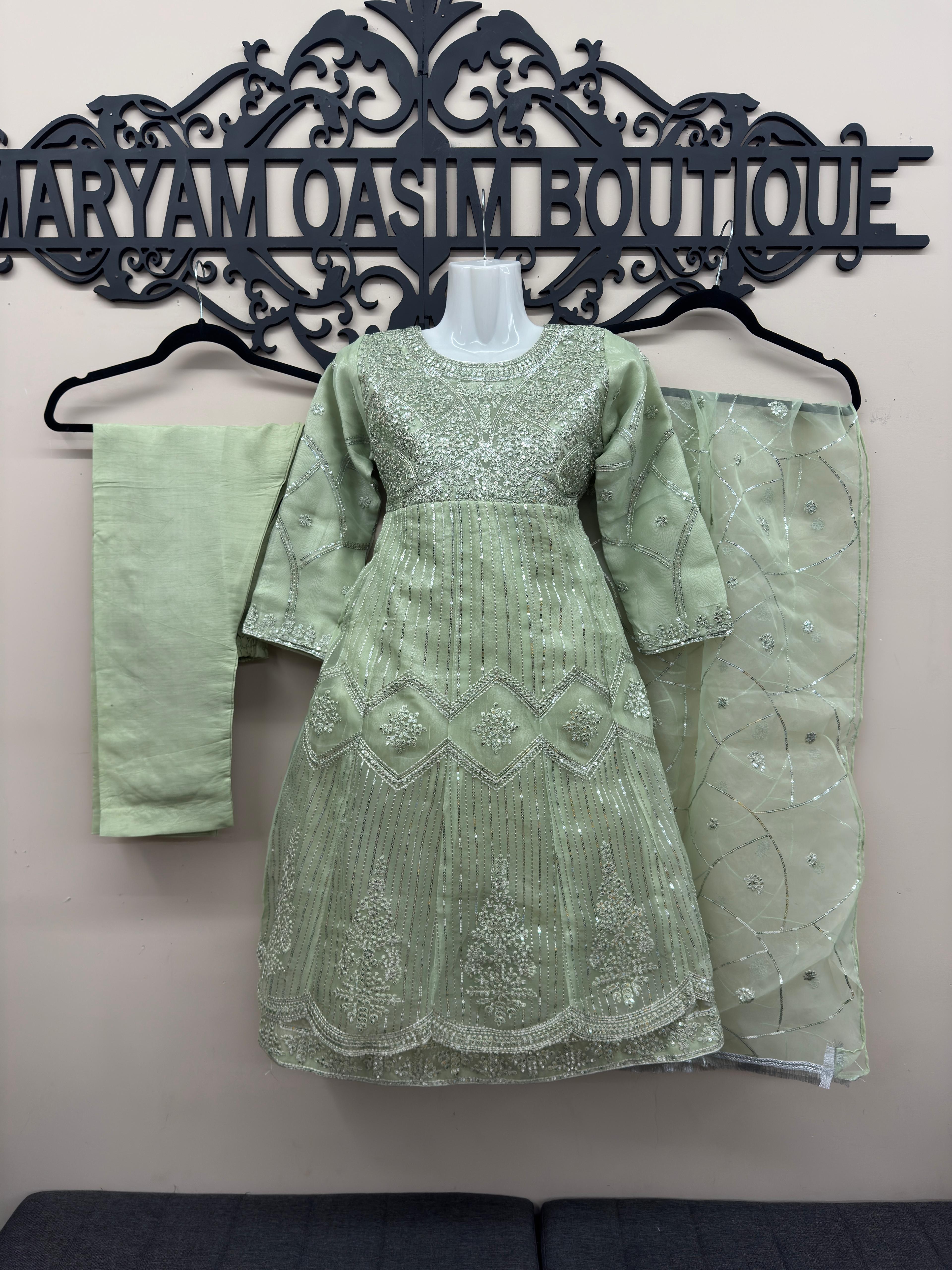 Girls Pista Green Heavy Embroidered Organza Anarkali Dress 3PC Set