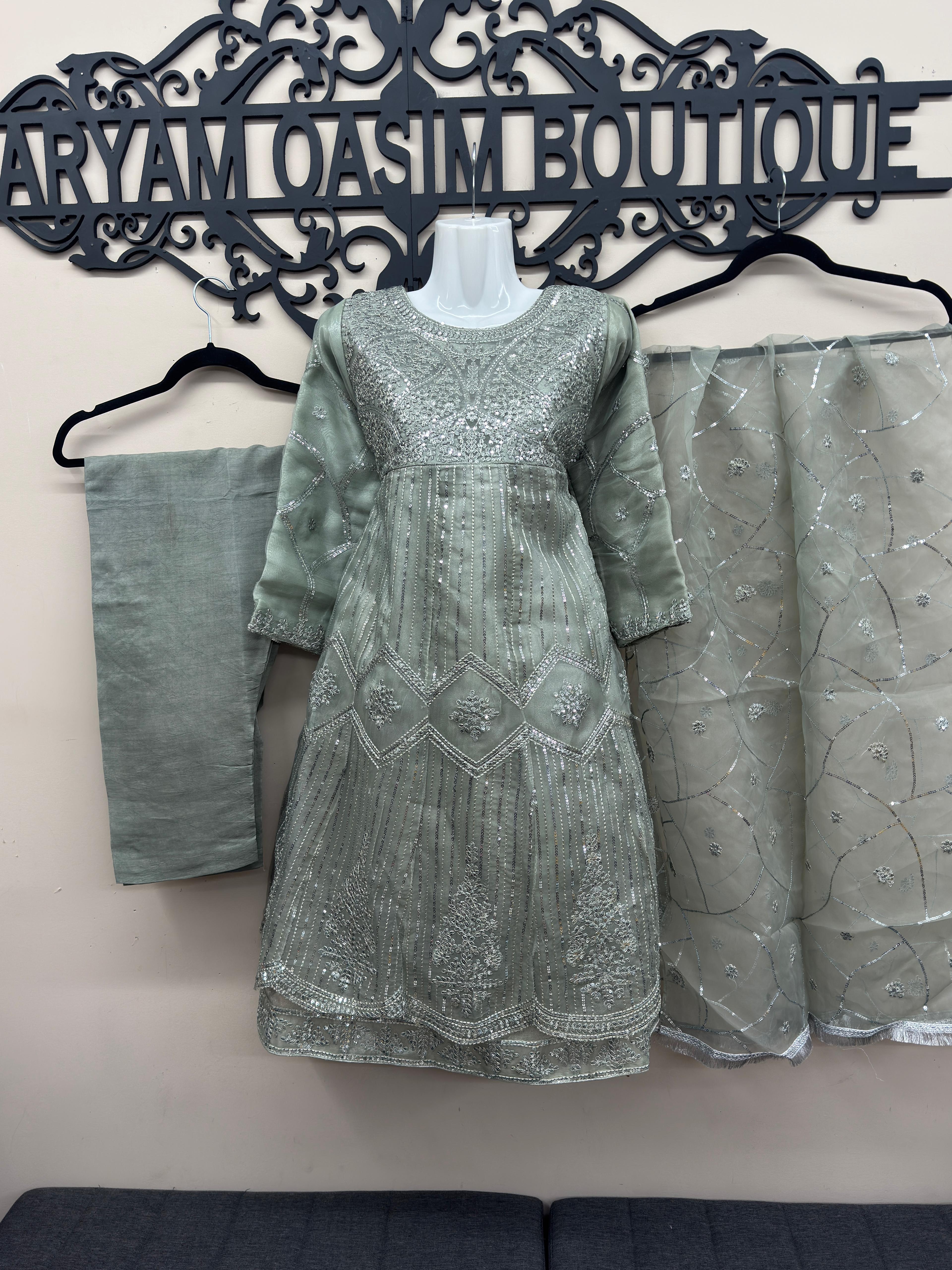 Girls Sage Green Heavy Embroidered Organza Anarkali Dress 3PC Set