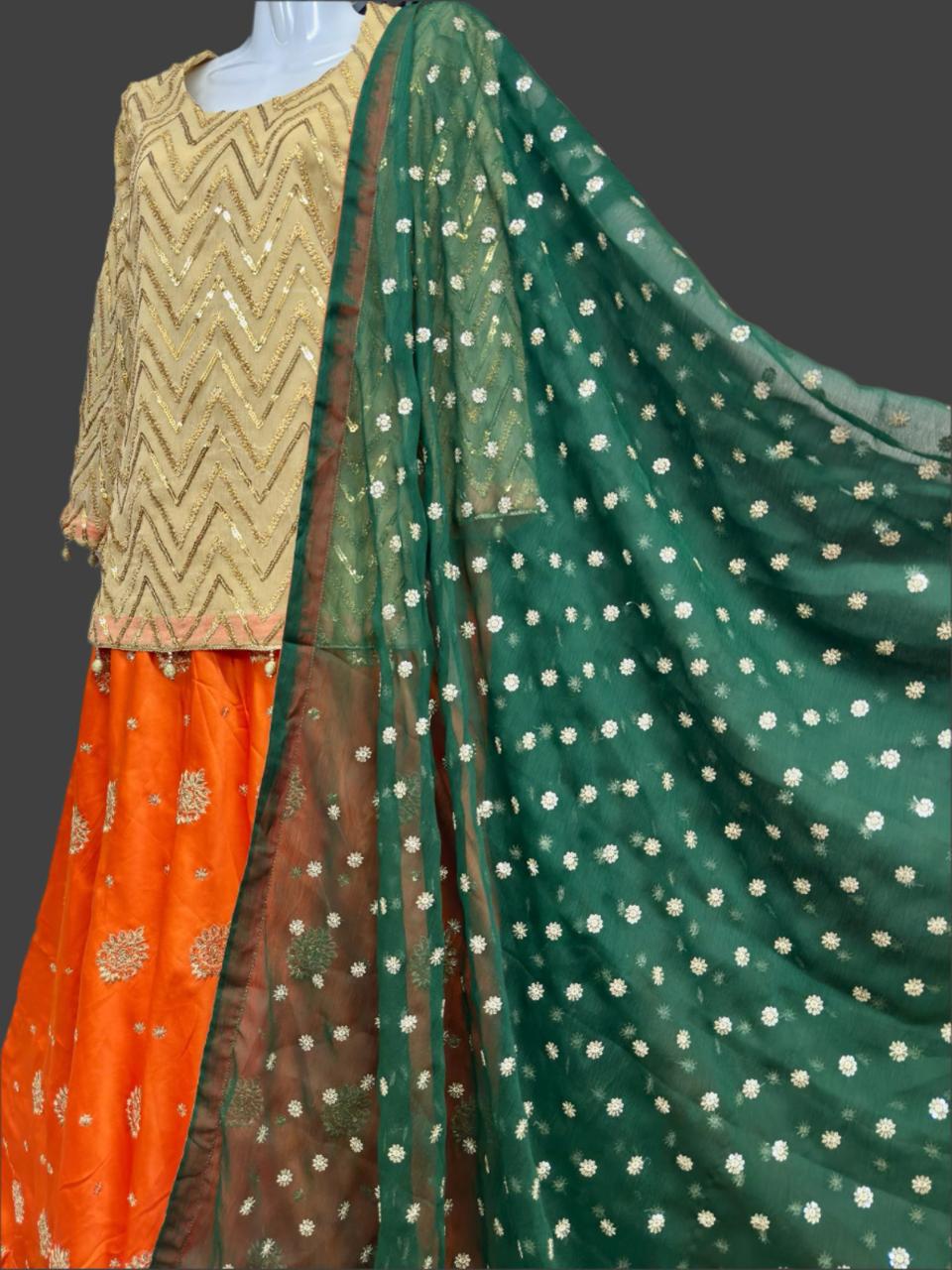 3-Piece Chiffon Fully Embroidered Shirt & Dupatta with Silk Embroidered Lehenga