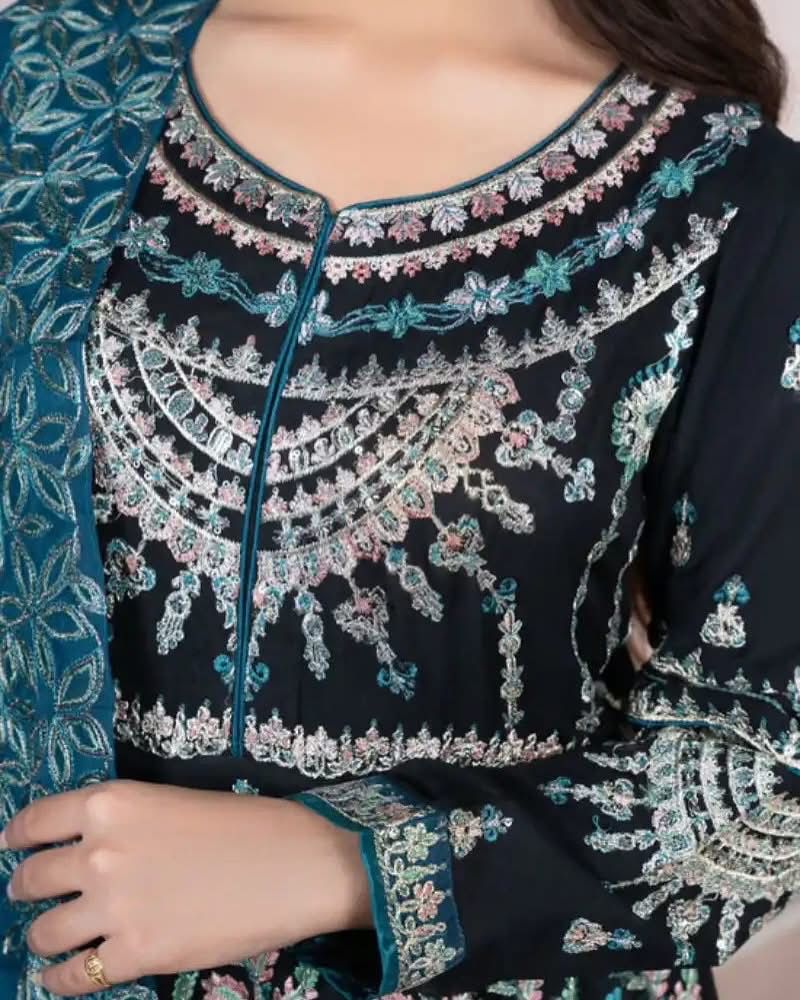 3-Piece Chiffon Fully Embroidered Maxi Suit with Dupatta & Trouser