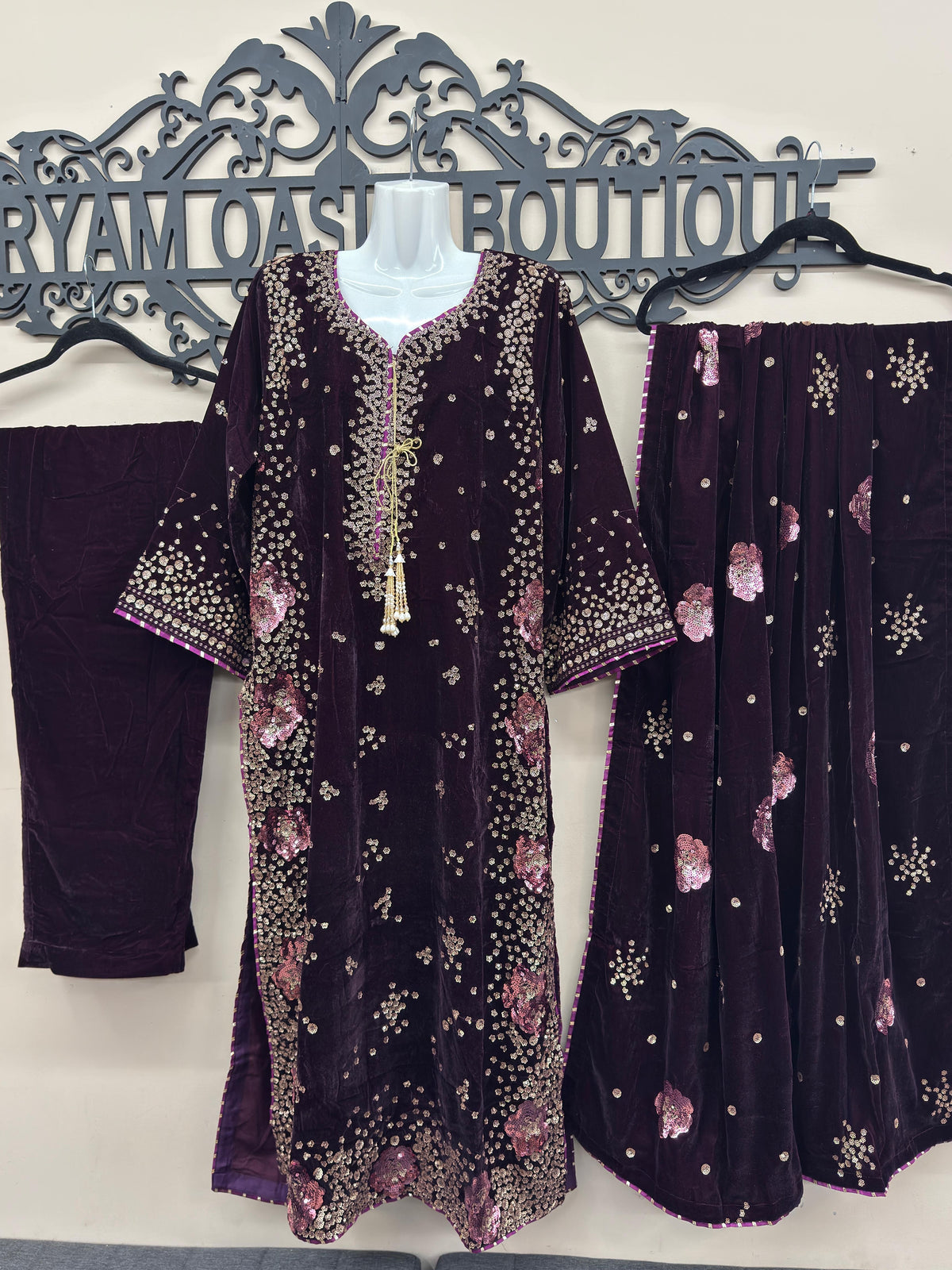 Purple Embroidered Velvet Kaftan 3 Piece Suit