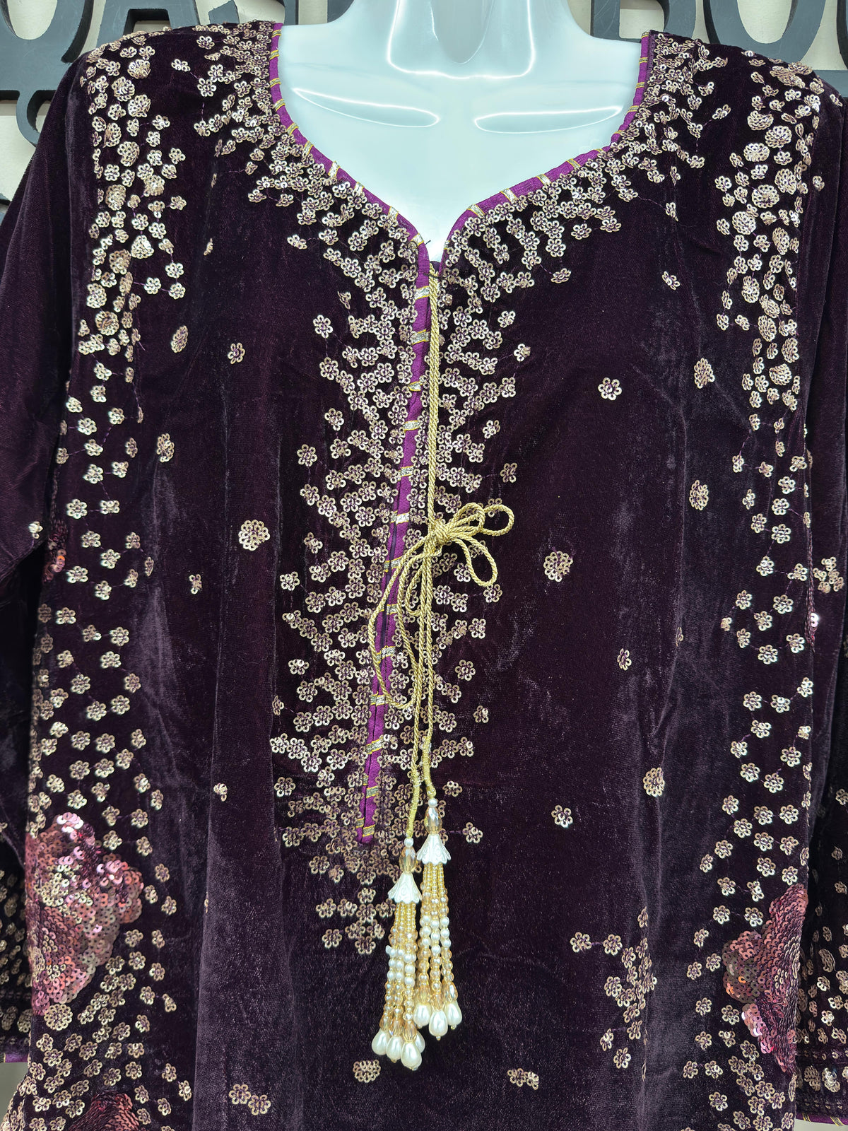 Purple Embroidered Velvet Kaftan 3 Piece Suit