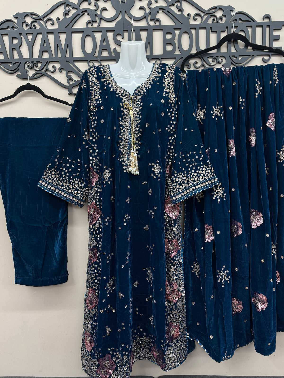 Blue Embroidered Velvet Kaftan 3 Piece Suit