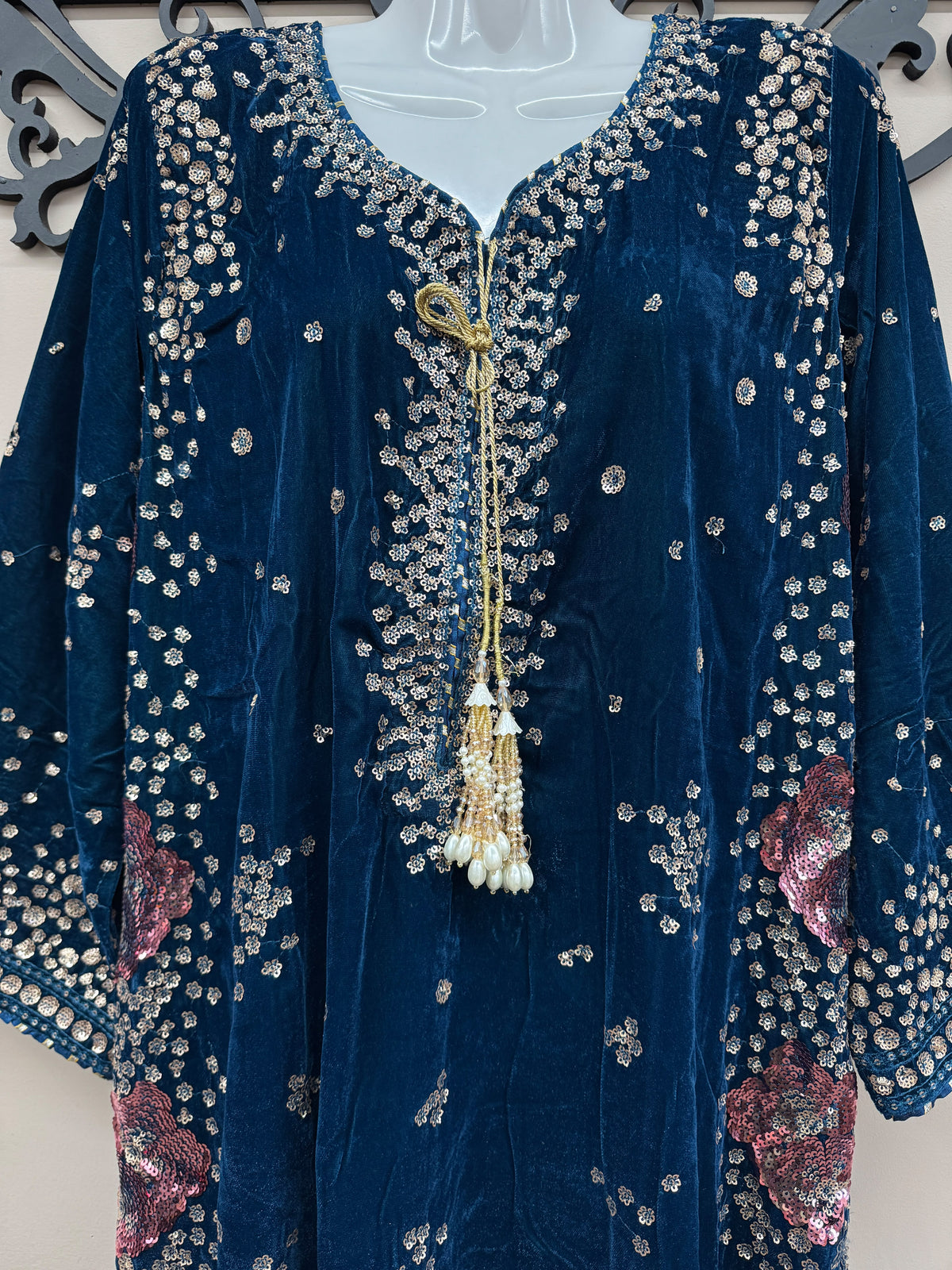 Blue Embroidered Velvet Kaftan 3 Piece Suit